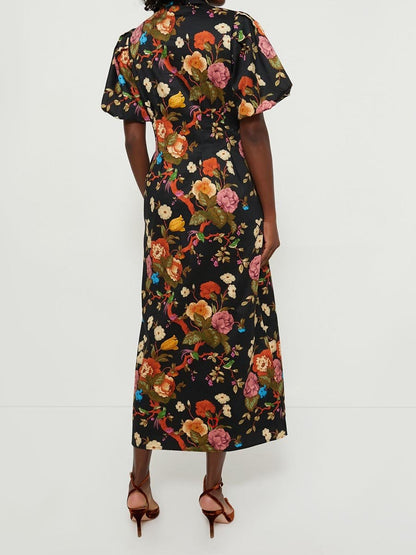 Floral Print Puff Sleeve Midi Shirtdress