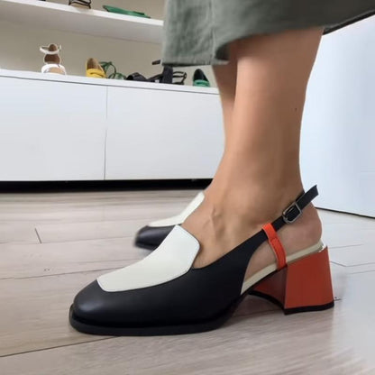 Open Tape Contrast Heeled Casual Leather Shoes