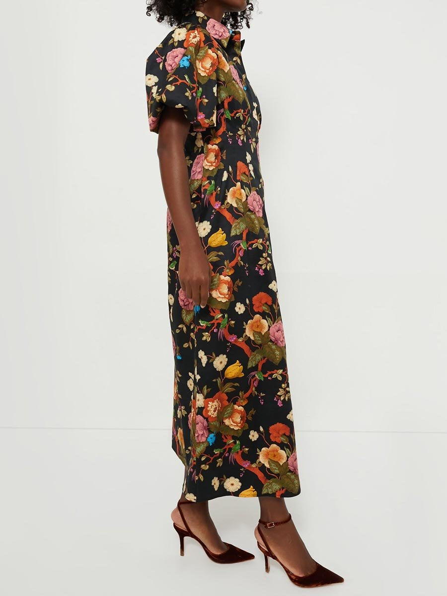 Floral Print Puff Sleeve Midi Shirtdress