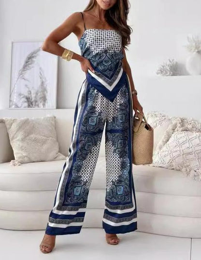 Stylish Printed Lace-Up Vest & Pants Two-Piece Set