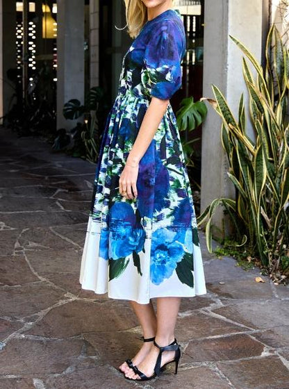 Blue Floral A-line Midi Dress