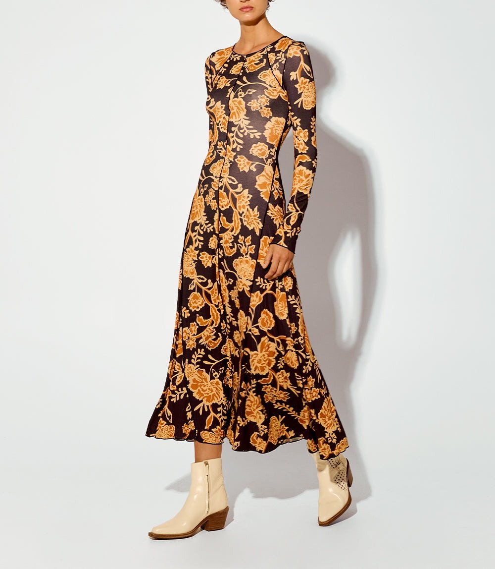 Women's Golden Toned Vine Floral Dress