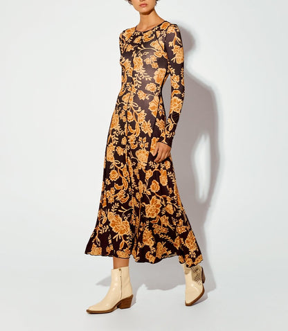 Women's Golden Toned Vine Floral Dress
