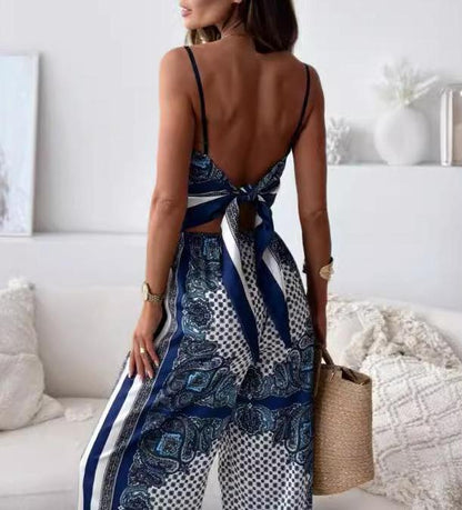 Stylish Printed Lace-Up Vest & Pants Two-Piece Set