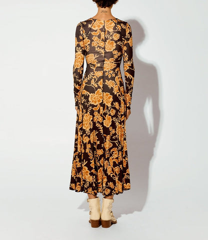 Women's Golden Toned Vine Floral Dress
